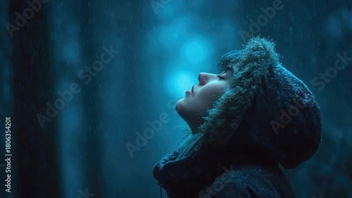 Person in a fur-lined hooded coat stands in the rain, head tilted back and eyes closed under blue light. Concept Rainy blue-lit portrait, Fur-lined hooded coat fashion, Moody wet-weather mood