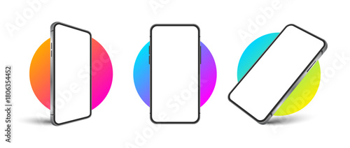 Realistic smartphone devices blank display mockup set with round gradient. Mobile phone template Vector illustration