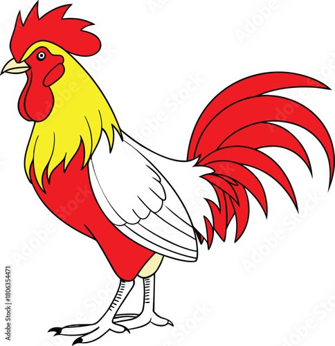 Vibrant red and yellow rooster standing proudly with a full tail and comb