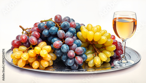Assorted grapes and a glass of wine on a silver platter with a white background