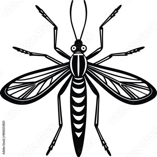 Detailed black and white illustration of a mosquito with spread wings and visible legs and antennae