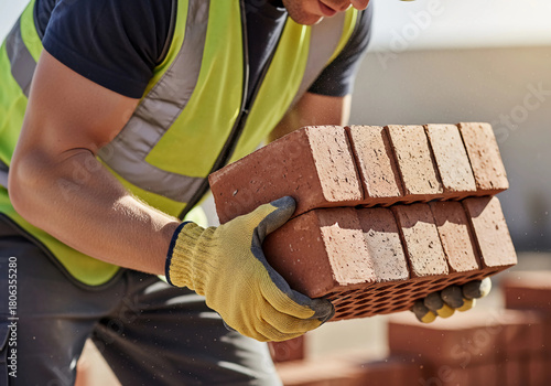Construction Worker Carrying Bricks (Headless Close-Up)