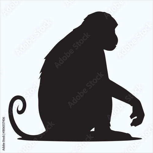 Silhouette of a monkey sitting down isolated on white background