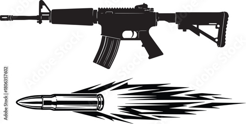 Black drawing illustrates an automatic rifle and a bullet with speed lines on transparent background