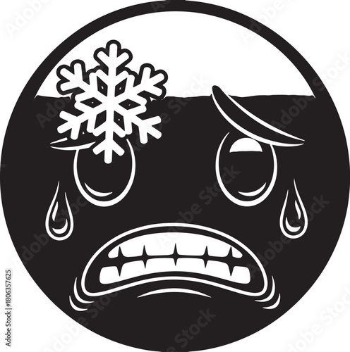 Crying emoticon shows snowflake on its face with tears, expressed in solid black