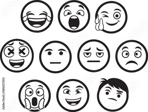 Ten various expressive black and white emoji portray a diverse range of human emotions on transparent background