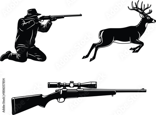 Silhouette of a hunter aiming at a running deer, a scope rifle completes the composition