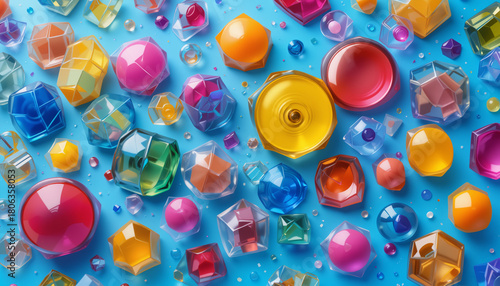 Colorful abstract background with vibrant geometric shapes and glossy bubbles on a blue surface