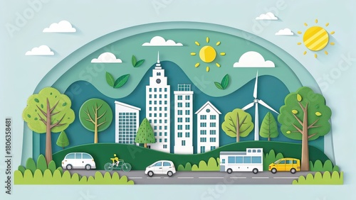 Paper cut illustration of a sustainable cityscape featuring trees, wind turbines, buildings, and eco transport like bikes, buses, and electric cars.