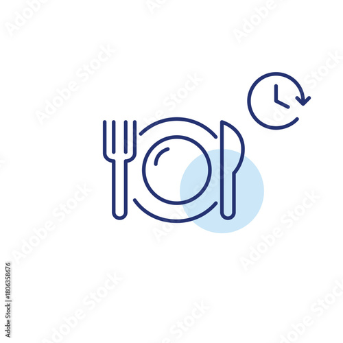 Knife, fork, plate and clock. Meal planning, intermittent fasting. Delivery and dining. Pixel perfect, editable stroke vector icon