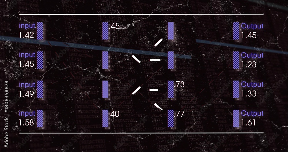Fototapeta premium Showing centered schematic dataflow diagram on gritty code with input and Output bars and weights