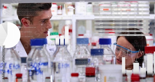 Two researchers in white lab coats discussing data at lab bench, with reagent bottles and goggles