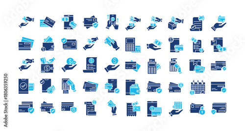 Payment icon set collection. Containing profit, marketing, secure, information, receive, saving, interest .Solid vector icons collection