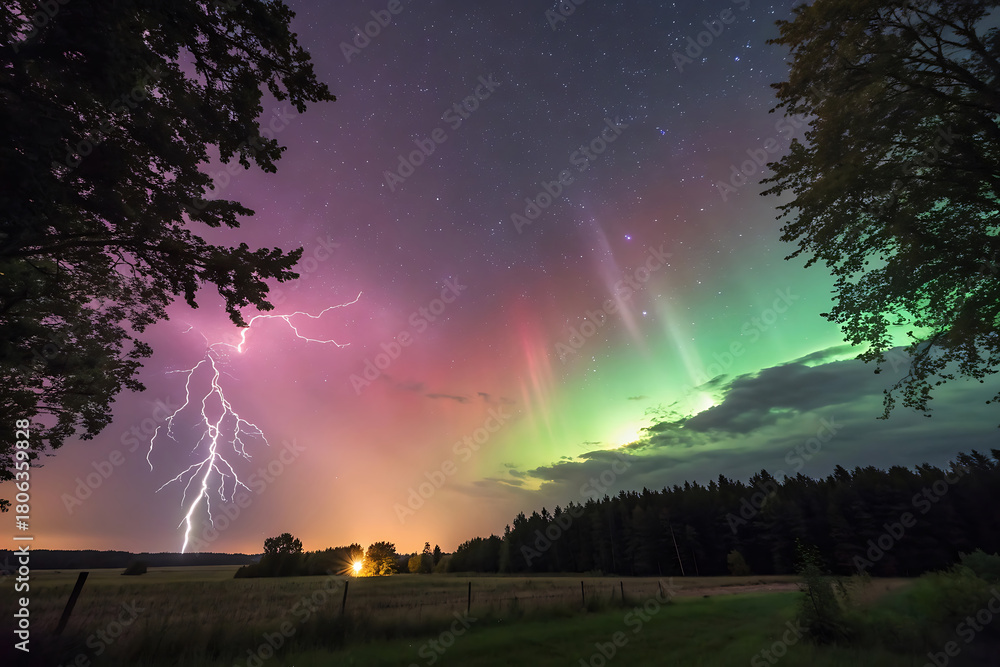 Fototapeta premium Spectacular Multicolored Lightning Storm Under a Starry Night Sky