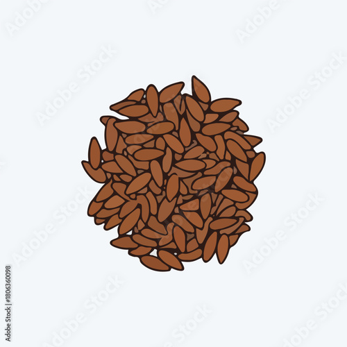 A cluster of brown flax seeds arranged in a pile on a white background, viewed from above.