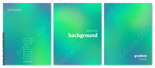 Abstract liquid background set. Gradient mesh. Effect blend green blue color. Blurred fluid colorful mix. Modern design template for web cover, header, ad banner, poster, brochure, flyer. Vector image