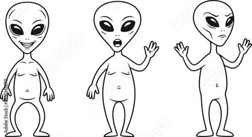 Alien, character, illustration, set, with, cartoon, expression, pose, emotion, extraterrestrial, vector, content, storytelling, silhouette, sci-fi, artwork, space, gesture, design, trio, black, white