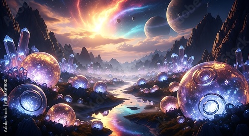 Mystical Alien Planet Landscape with Glowing Crystal Orbs and Cosmic Sky.
