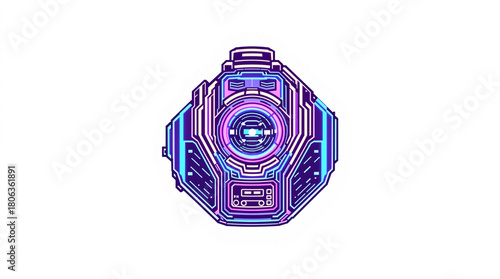 Futuristic neon purple and blue robotic device with glowing accents.
