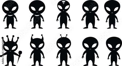 Alien, character, illustration, set, with, silhouette, head, shape, accessory, crown, antenna, scepter, vector, content, sci-fi, storytelling, design, black, white, extraterrestrial, pose, artwork