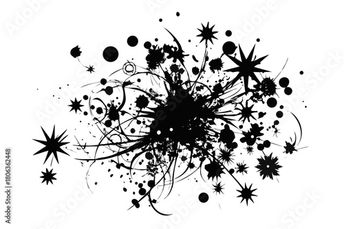 Grunge starburst design with splatters in black on white