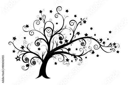 Elegant tree illustration with swirls and star elements in black