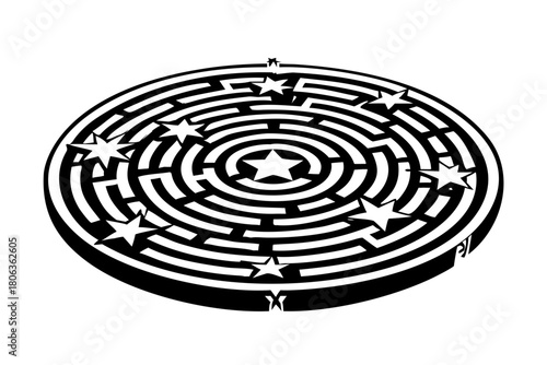 Circular labyrinth maze with star center in black