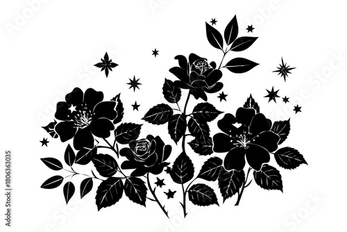 Decorative flower cluster with star accents in black silhouette