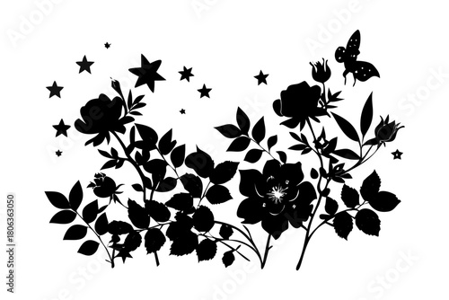 Floral bouquet silhouette with stars in artistic black style