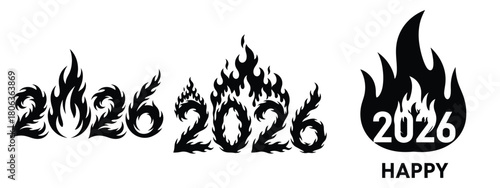 happy 2026 flame silhouette illustration, happy New Year 2026 vector icon set collection