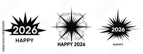 happy 2026 flare silhouette illustration, happy New Year 2026 vector icon set collection