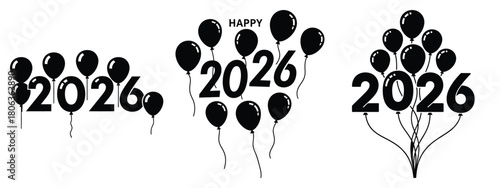 happy 2026 floating silhouette illustration, happy New Year 2026 vector icon set collection