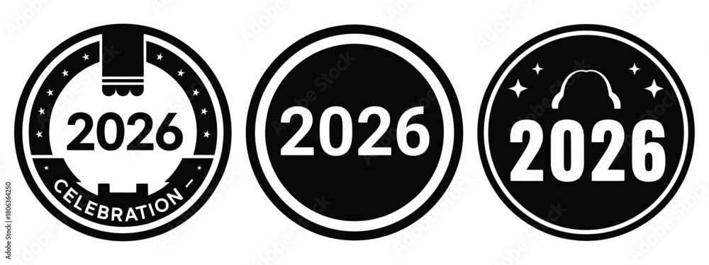Fototapeta premium 2026 celebration badge silhouette illustration, happy New Year 2026 vector icon set collection