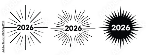 2026 burst ornament silhouette illustration, happy New Year 2026 vector icon set collection