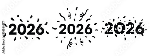 2026 confetti badge silhouette illustration, happy New Year 2026 vector icon set collection