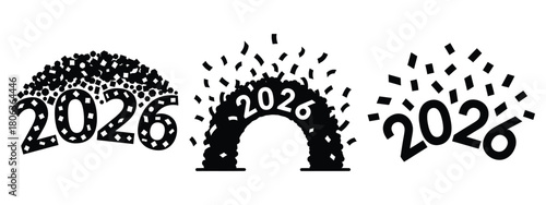 2026 confetti arch silhouette illustration, happy New Year 2026 vector icon set collection