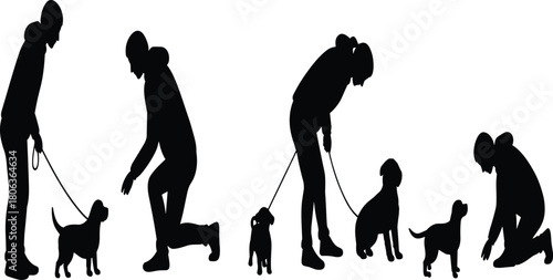 Dog training icon set, silhouette person interacting with puppy in various poses, black and white illustration, obedience, bond, pet, vector grid