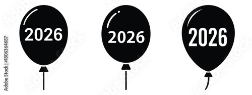 2026 festive balloon silhouette illustration, happy New Year 2026 vector icon set collection