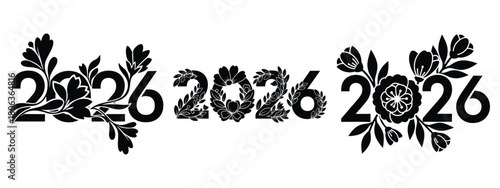 2026 floral decoration silhouette illustration, happy New Year 2026 vector icon set collection
