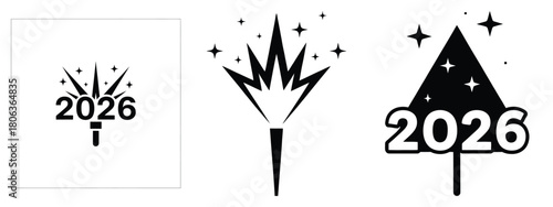 2026 glitter flare silhouette illustration, happy New Year 2026 vector icon set collection