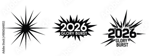 2026 glory burst silhouette illustration, happy New Year 2026 vector icon set collection