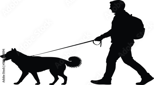 Dog walking icon set, silhouette person with backpack and leash, outdoor pet activity, black and white illustration, nature, motion, companionship grid