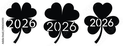 2026 lucky clover silhouette illustration, happy New Year 2026 vector icon set collection