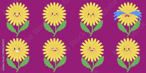 Cute yellow flowers with expressive cartoon faces showing emotions such as happy, winking, shy, crying, smiling, and angry. A bright and playful illustration perfect for kids’ designs, stickers