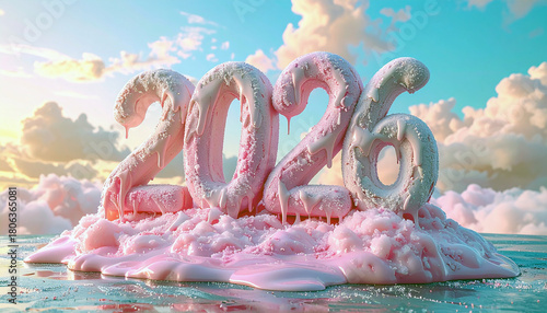 2026 numbers design in cotton candy with sky background. The scene is captivating, combining elements of sweetness and a beautiful sky, with fluffy cotton candy numbers on top 