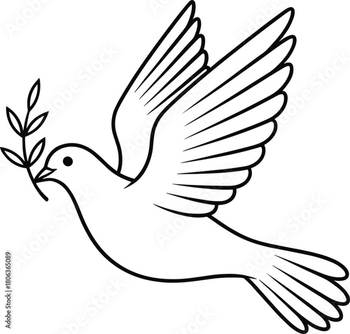 Dove with olive branch illustration, black-and-white line drawing of bird in flight, peace and reconciliation vector design concept