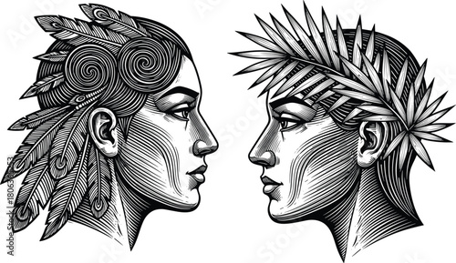Dual profile face illustration with feather and spike motifs, black-and-white engraved vector design, symbolic contrast and mythological concept