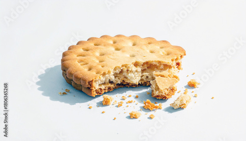A close-up shot of a half-eaten biscuit, showcasing its texture and the creamy filling