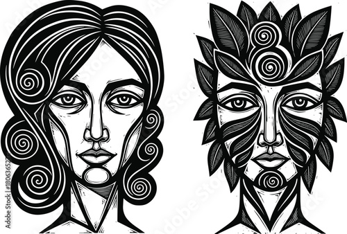 Dual stylized face illustration with spiral and leaf motifs, black-and-white vector design for symbolism, contrast, and artistic identity