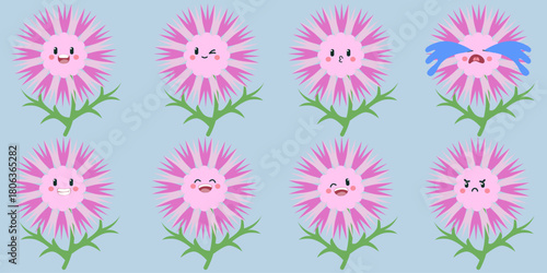 Adorable pink thistle-like flowers with expressive cartoon faces showing various emotions—happy, winking, shy, crying, smiling, and angry. A fun, colorful illustration perfect for kids’ designs